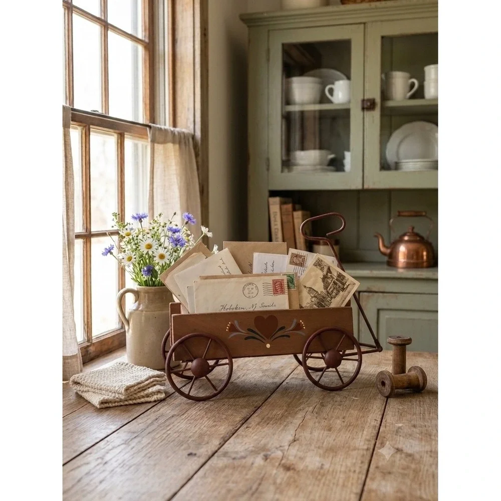 Vintage Style Wooden Decorative Wagon Folk Art Heart Planter Farmhouse Decor